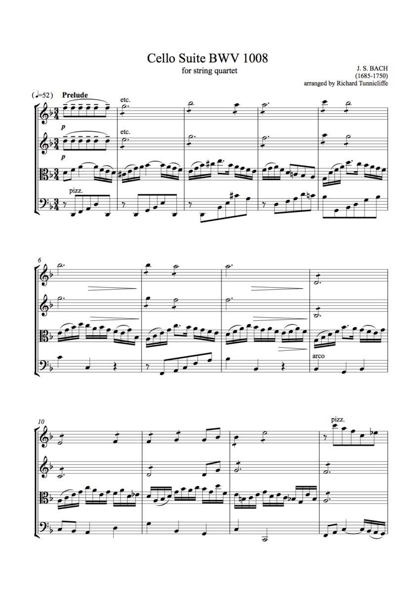 Bach Johann Sebastian Suite BWV 1008 transcribed for string quartet by Richard Tunnicliffe